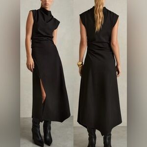NEW REISS HARLAN TWILL-JERSEY DRAPED MIDI DRESS  BLACK sz 4